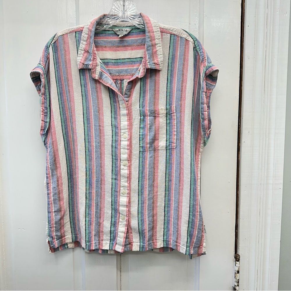 Orvis linen‎ blend button down short sleeve blouse women's medium
